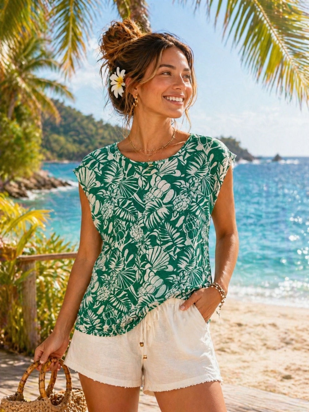 Nicole Miller New York 100% Linen Tropical Print Top Green White Button Back M
